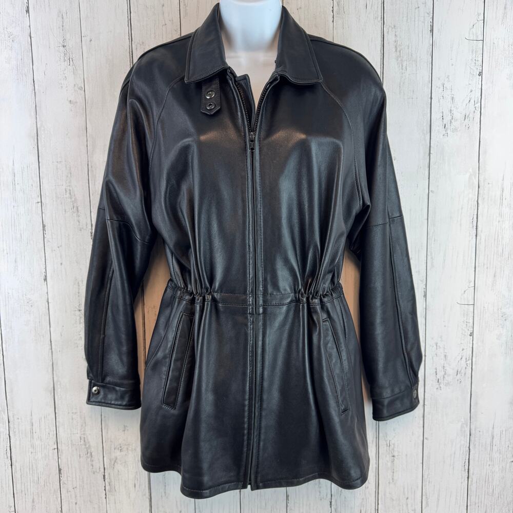 VTG Barcelino Black Full-Zip Cinch Waist Snap Collar Leather Jacket USA Size XS